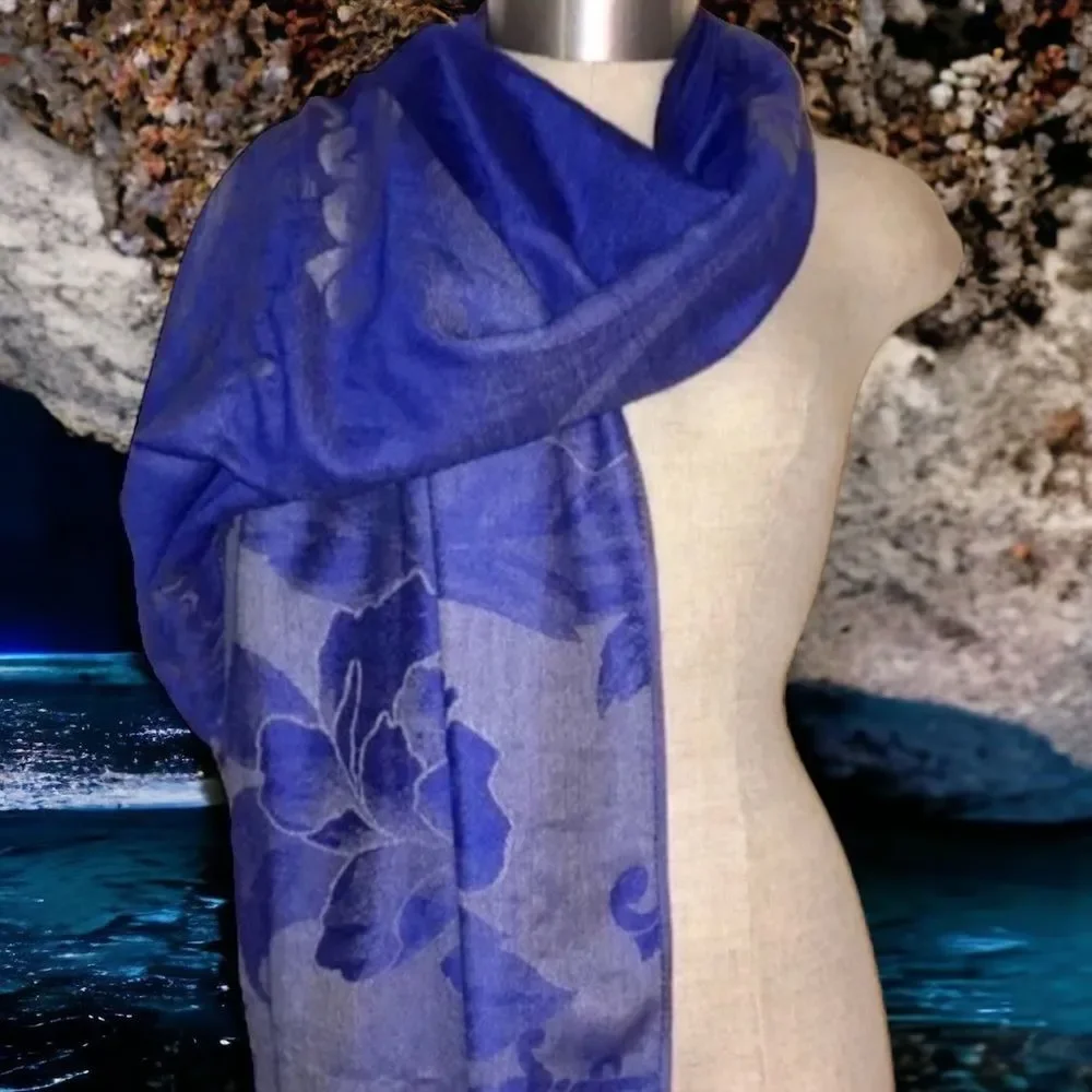 Large Damask Floral Print Scarf/Wrap | Blue/Purple with Twisted Fringes 68”x20”